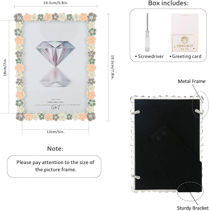 5x7 Colorful Flower Picture Frame Pretty Metal Photo Frame Tabletop or Wall Art Decoration, Clear Glass Front, Unique Gifts for Women Wedding Mothers Day, Horizontally & Vertically