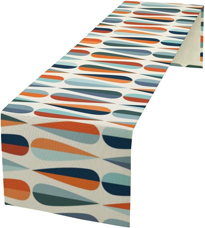 Mid Century Modern Table Runner Retro Blue Orange Grey Water Droplets Geometric Table Runner for Kitchen Dining Room Dining Table Decoration 13x60in
