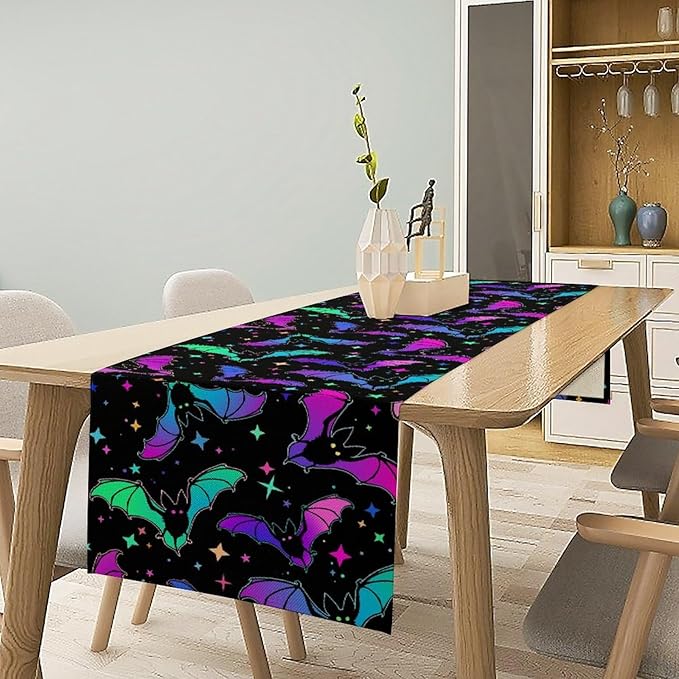 Gothic Table Runner,Colorful Bat Star Pattern Table Runner for Home Kitchen Table Dining Garden Farmhouse Wedding Party Decor 13x108 Inch