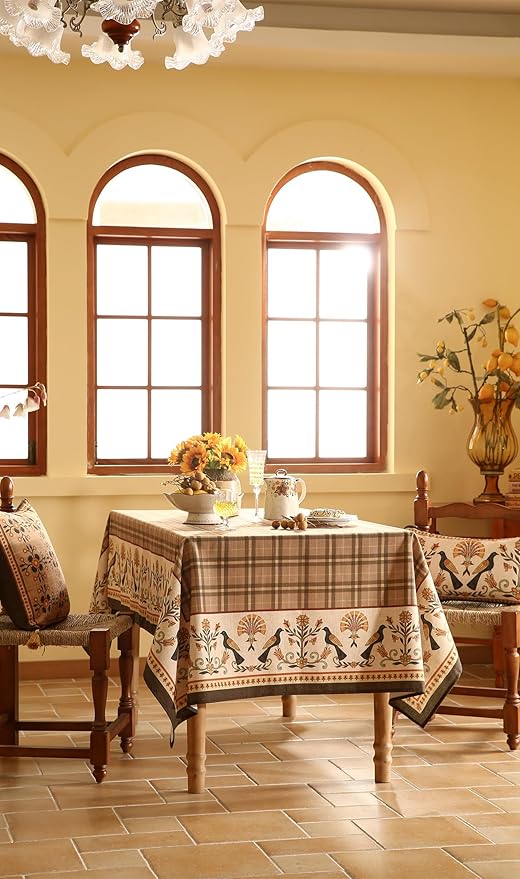 Vintage Brown Checkered Rectangle Tablecloth,Italian Floral Linen Wrinkle Resistant Table Cloth,Decor Table Cover for Kitchen,Dining,Thanksgiving,Christmas,Tea Party,55"*87"-Seville