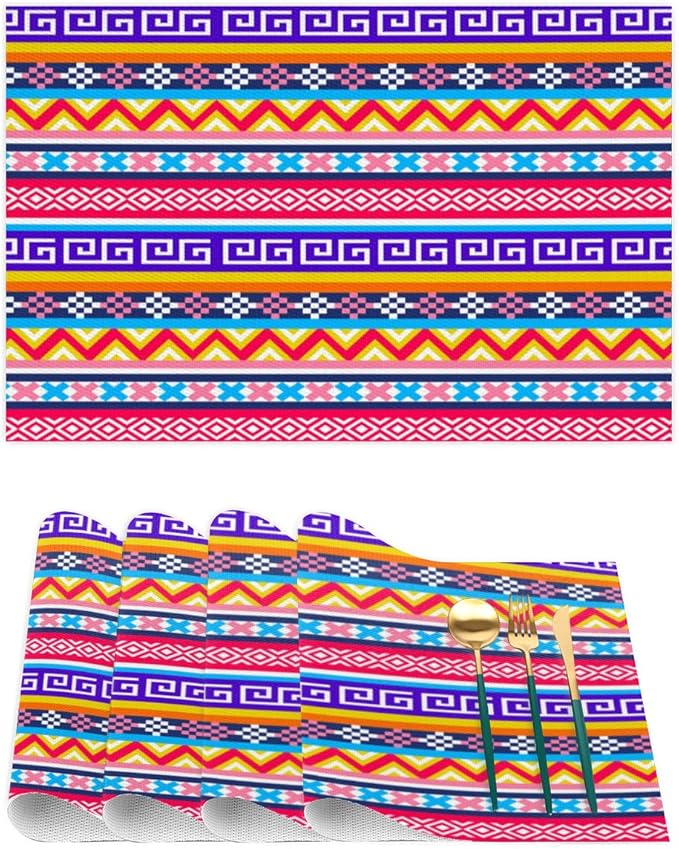 Aztec Rainbow Western Placemats Set of 6 PVC Vinyl Non Slip Table Mats Waterproof Heat Resistant Place Mats Washable Wipeable Dining Table Mat for Kitchen Party Indoor Outdoor Decorative