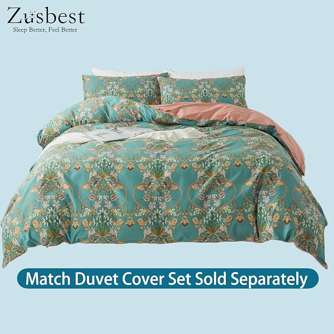 Zusbest Floral Sheets King Bed Sheets Set Boho 100% Cotton Percale Shabby Vintage Teal Blue Orange American Style Bedding Luxury Soft Breathable Crisp Bed Deep Pocket Fitted Sheet 4 Piece