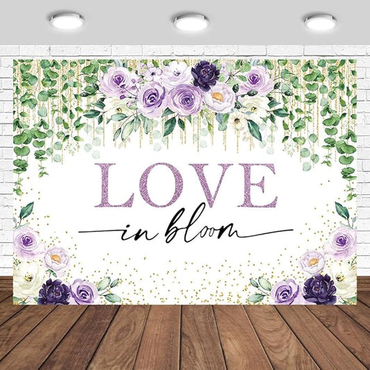 Love in Bloom Bridal Shower Backdrop 7x5ft Wedding Shower Spring Purple Floral Engagement Bachelorette Party Decorations Photography Background