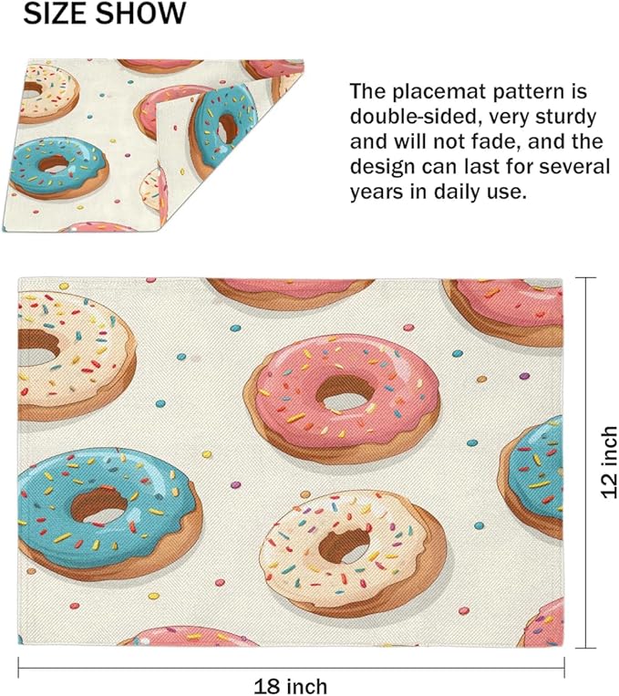 Donuts Placemats Set of 6, Washable Linen Place Mats, Food Donut Table Mats for Kitchen Dining Table Decor Heat Resistant Tablemats 12x18