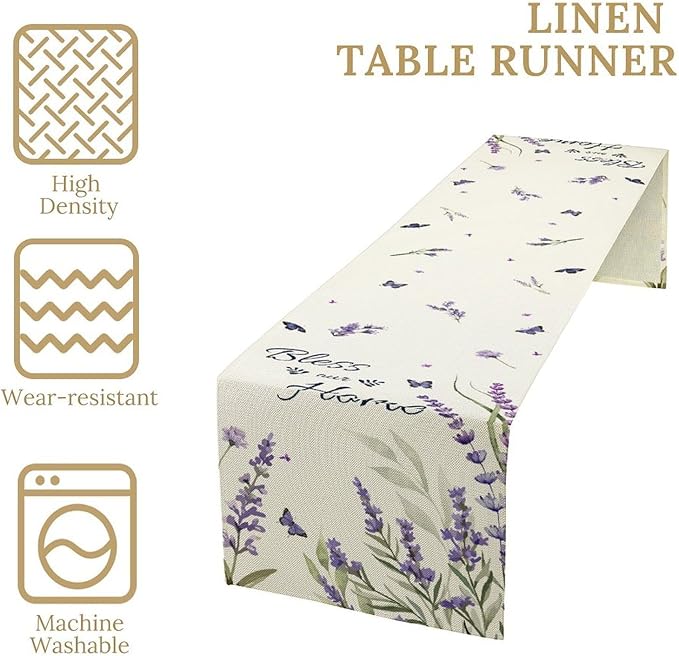 Purple Floral Table Runner, Spring Summer Watercolor Lavender Flower Country Farmhouse Coffee Coffee Table Center Decor for Home Kitchen Dining Patio Holiday Party Table Decorations 13x72 inches