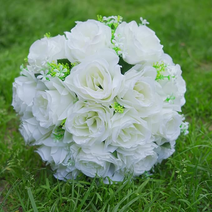 Wedding Bouquets for Bride, White Bridal Bridesmaid Wedding Flowers with Silk Ribbon and Rhinestones, Artificial Toss Rose for Civil Ceremony