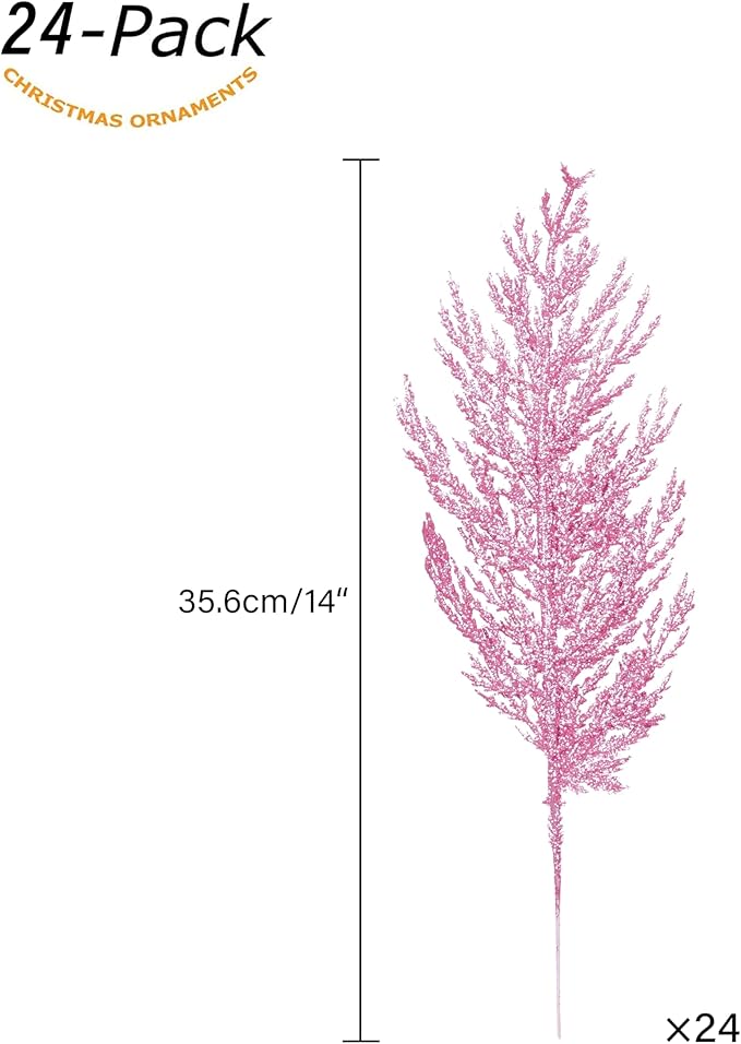 Christmas Glitter Stems 24pcs Artificial Pine Tree Picks for Christmas Tree Ornaments fillers, DIY Xmas Wreath, Crafts, Garland, Holiday, Party, Wedding and Home Decoration (Pink)
