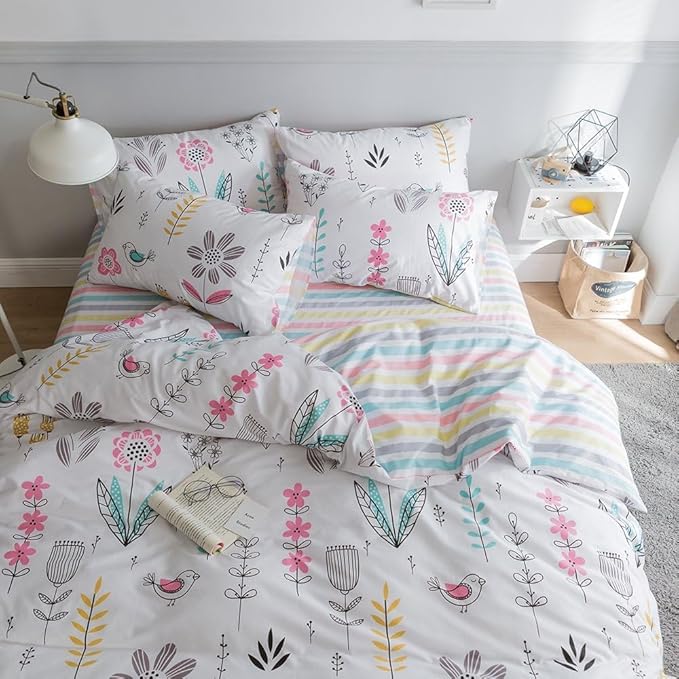 LifeTB Botanical Floral Duvet Cover Twin XL Girls Floral Print Bedding Sets Garden Style Aesthetic Duvet Cover 100% Cotton Flower Comforter Cover Kids Kawaii Bedding Cover Twin XL with 2 Pillowcases