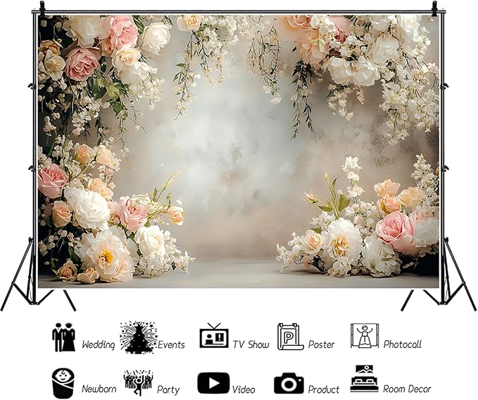 Baocicco 9x6ft Vinyl Flowers Wall Photography Backdrop Vinatage Wall White Pink Floral European Style Background Outdoor Wedding Birthday Party Banner Supplies Garden Home Decor Studio Props