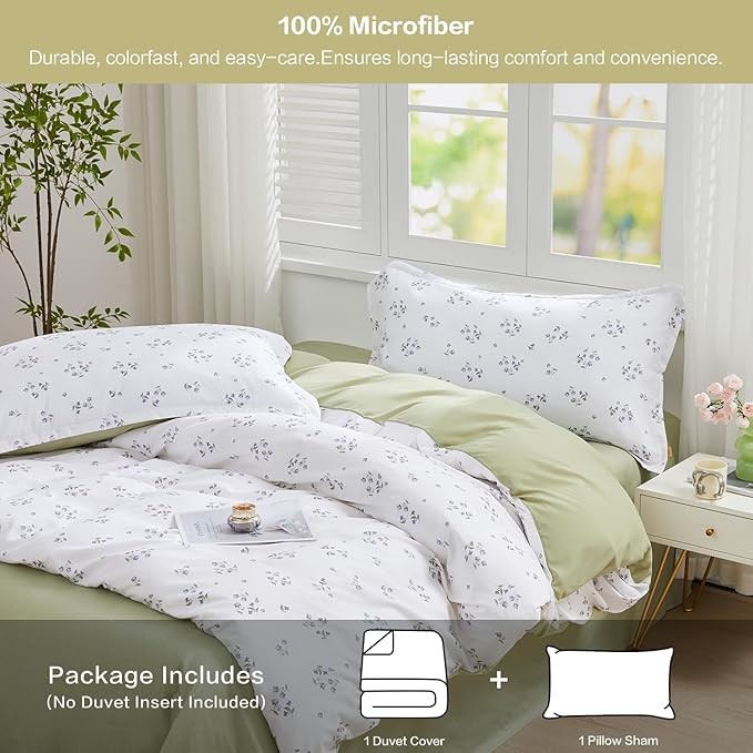 SAPHREAS Twin Duvet Cover White Cute Floral Bedding Set with 8 Corner Ties and 1 Pillow Sham Microfiber Reversible Duvet Cover Set with Zipper Closure, Green