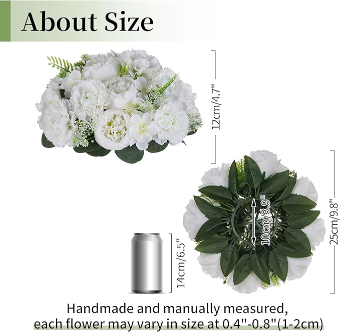 BLOSMON Flower Balls for Table Centerpieces: 2pc 9.5 Inch White Artificial Peony Floral Arrangement Bouquet Dinning Table Decoration Easy Use Kissing Ball for Home Party Decor