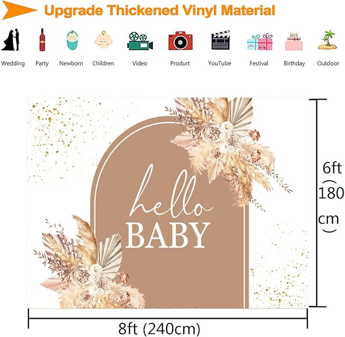 InMemory Boho Baby Shower Backdrop Decorations for Girl Pampas Floral Arch Hello Oh Baby Backdrops Banner Sign Photography Background for Girls Bohemian Baby Shower Party Decor Photo Booth Props 8x6ft