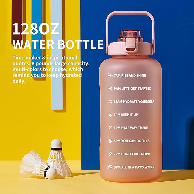 64oz,100oz,128oz Large Motivational Water Bottle with Time Marker, Leakproof & BPA Free Half Gallon Big Water Bottle with Straw Handle Tritan Frosted Water Jug for Gym,Fitness,Outdoor Sports