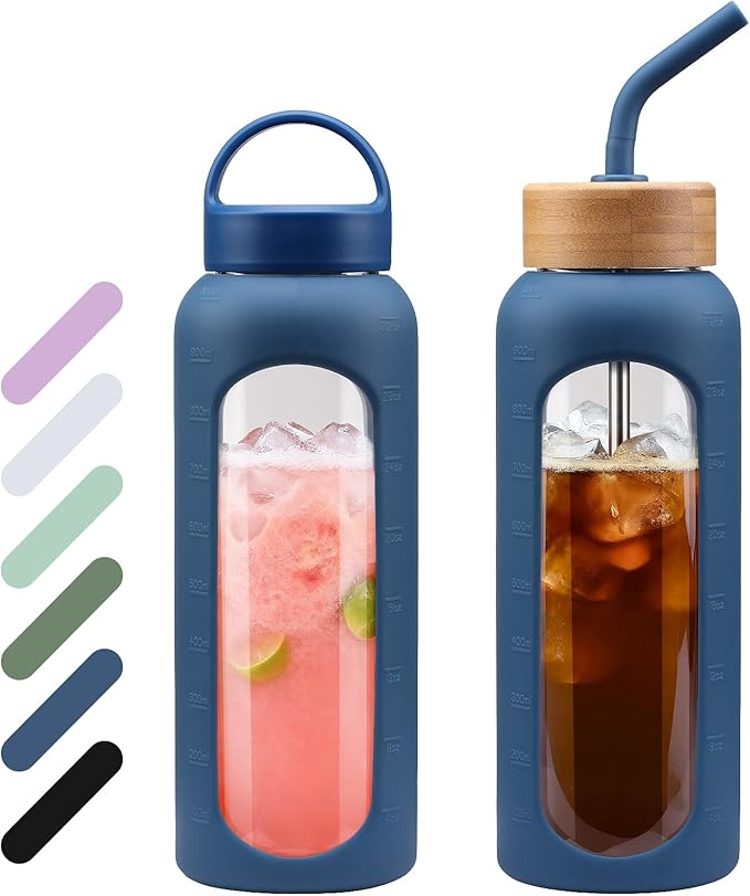 32 oz Glass Water Bottle, 1 Liter Glass Tumbler with Straw, Reusable Drinking Bottles with 2 Lids-Handle Lid&Bamboo Straw Lid, Silicone Sleeve, for Sports, Home,1 Pack-Blue