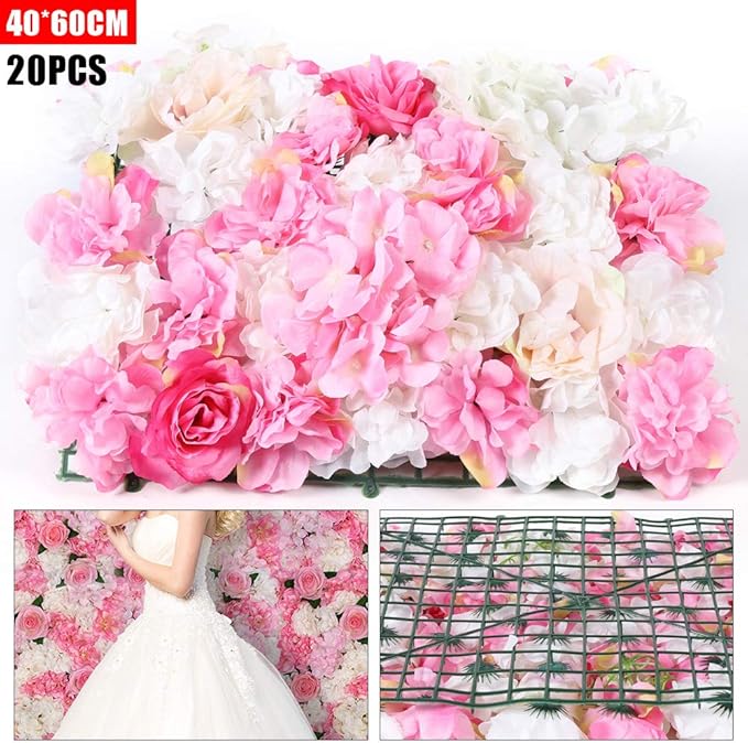 20 Pack Flowers Wall Panels Artificial Floral Wall Mat Handmade 3D Silk Rose Hydrangea Dahlia Floral Panels for Photo Background Home Party Wedding Backdrop Decoration, 24 x 16 inch (D)