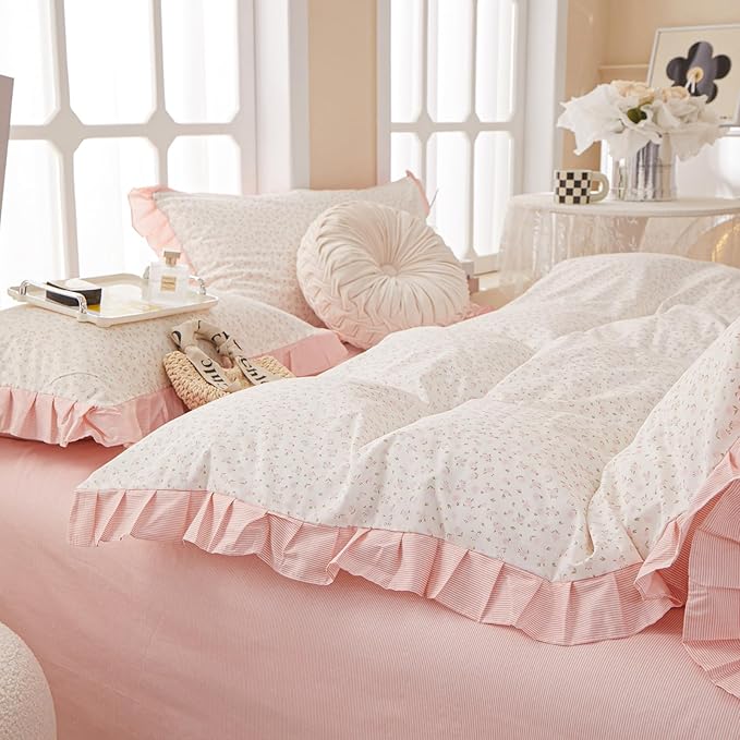 Pink Floral Duvet Cover King Chic Flower Print Ruffle Duvet Cover Cotton Lace Comforter Cover Country Style Floral Bedding Set Girls Ruffle Comforter Cover Flower king Duvet Cover with 2 Pillowcases