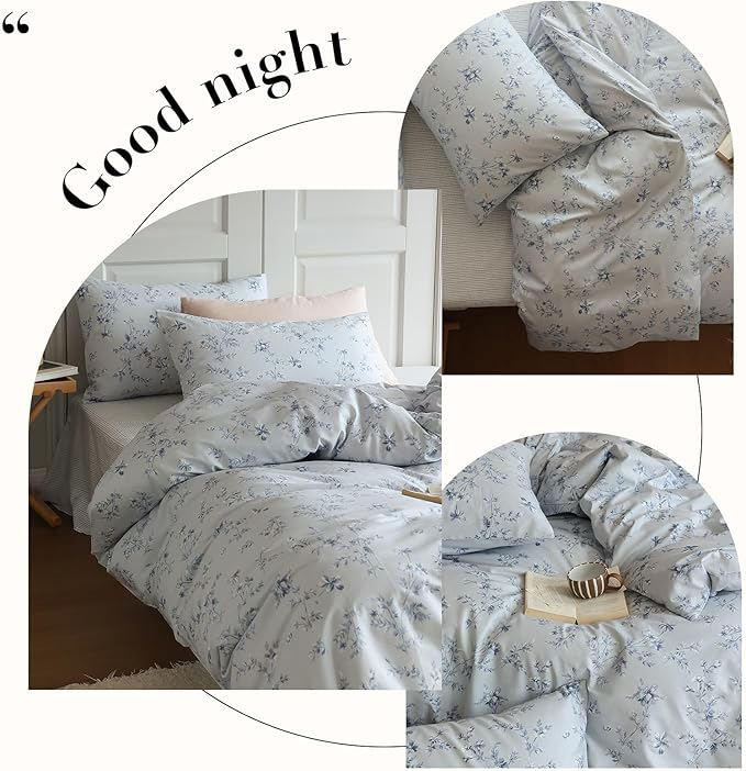 Vintage Style Garden Floral Duvet Cover Full 3 Pieces Cotton Flower Duvet Cover Blue Floral Bedding Cover with 2 Pillowcases Reversible Floral Botanical Comforter Cover Cottagecore Bedding Set Full