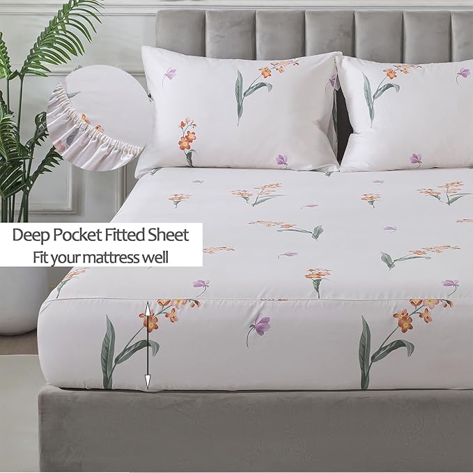 FADFAY Orange Vintage Orchid Floral King Size Sheets Set 100% Brushed Cotton Shabby Purple Tulip Pattern Bedding Set Deep Pocket Sheets with 2 Pillowcases Luxury Breathable Soft 4pcs, King Size