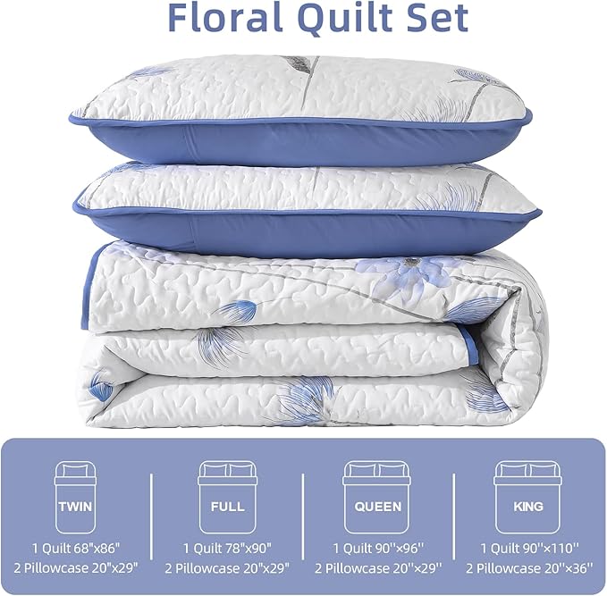 Dinjoy Quilt Set Full Size Blue, Floral Bedspreads 3 Pieces Reversible Quilts Bedding Set Microfiber Lightweight Bedspread Coverlet Farmhouse Set for Women Girls 78"x90"