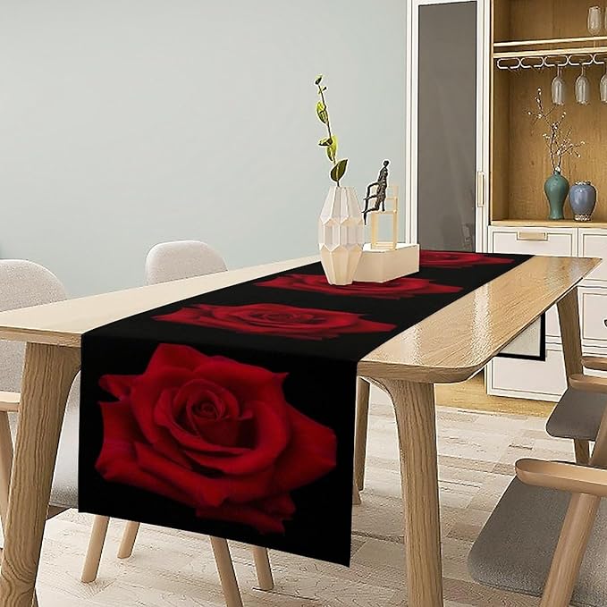 Red Rose Table Runner,Romantic Flower Black Table Runner for Indoor Outdoor Holiday Home Wedding Party 13x108 Inch