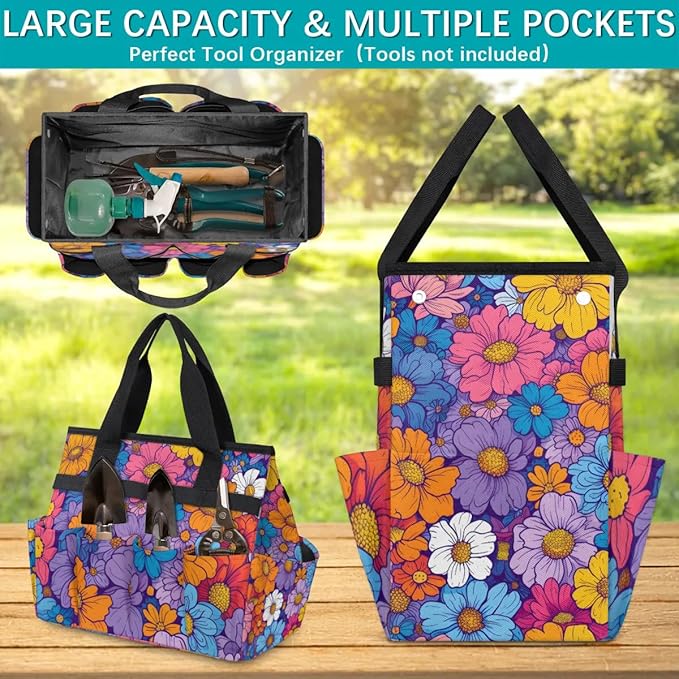 Garden Tool Bag Organizer Garden Tote Bag with Pockets Rainbow Flowers Tool Storage Organizer Gardening Tool Kit Holder 13" x 6.8" x 2.8"