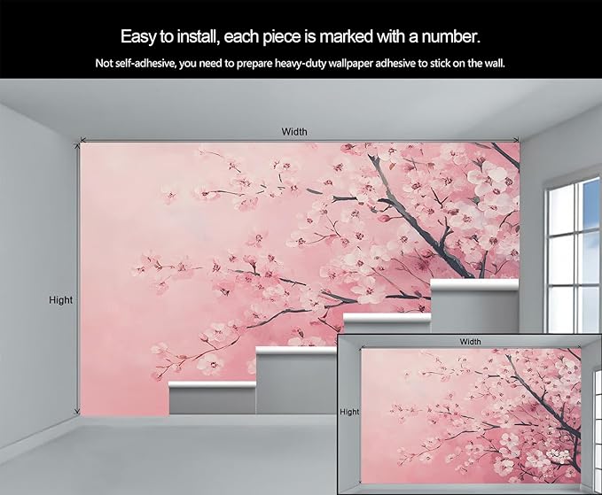 Pink Cherry Blossom Wall Mural, Romantic Cherry Blossom 3D Wall Murals, Japanese Flower Wallpaper Mural, for Living Room Bedroom Large Wallpaper Indoor Decor 118" W x 82.6 "H