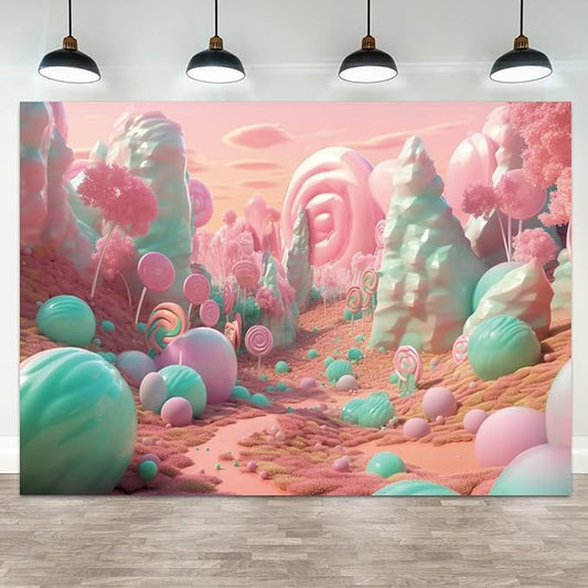 7x5ft Candyland Backdrop Pink and Teal Lollipop Photography Background Fairytale Kingdom Candy Sweet Girl Princess Birthday Banner Decorations Newborn Baby Shower Portrait Photo Booth Prop