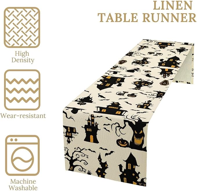 Halloween Table Runner, Retro Gothic Spoonky House Day of Death Mysterious Halloween Coffee Table Center Decor for Home Kitchen Dining Patio Holiday Party Table Decorations 13x36 inches