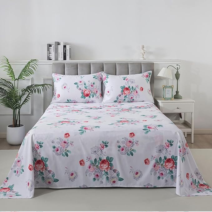 FADFAY Red Vintage Peony Floral Queen Size Sheets Set 100% Brushed Cotton Shabby Purple Rose Pattern Bedding Set Deep Pocket Sheets with 2 Pillowcases Luxury Breathable Soft 4pcs, Queen Size
