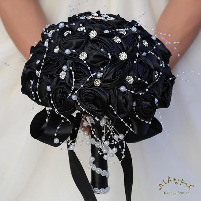 Bridal Wedding Bouquet Round Bling Brooch Bouquet Throw Toss Artificial Rose Flower Bunch for Bride Bridesmaid Wedding Quinceanera(Black, 6.3")