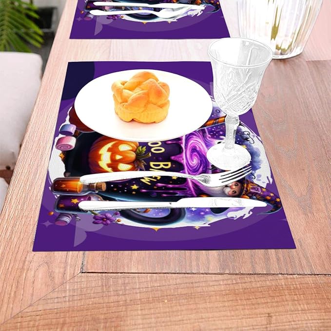 PVC Placemats Set of 1 Wipeable Table Mats Washable Heat Resistant Non Slip Vinyl Dining Table Mat for Kitchen Indoor Outdoor Patio Farmhouse Place Mats Purple Halloween Magic Cauldron Decorative