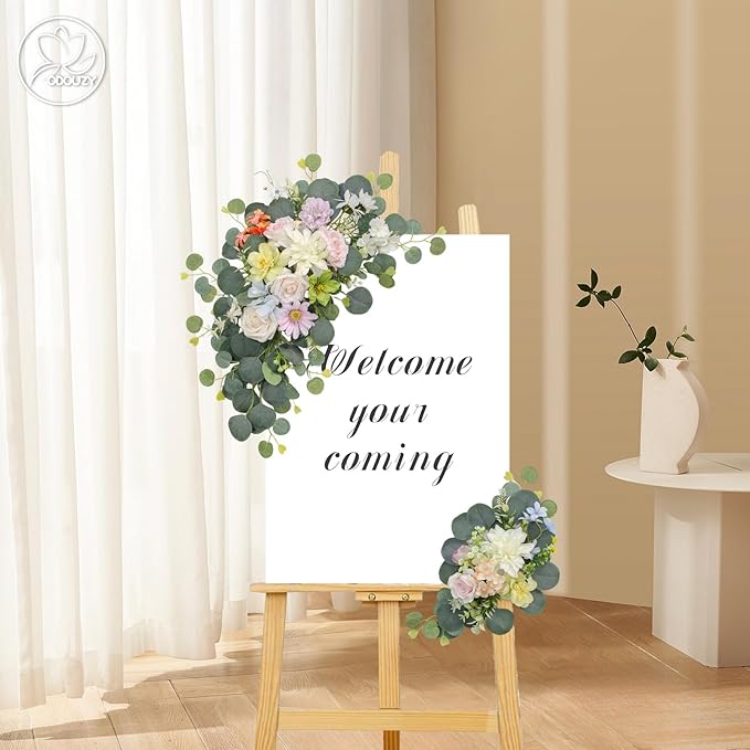 Artificial Wedding Arch Flowers for Wedding Sign,Set of 2 for Wedding Welcome Ceremony Sign,Faux Floral Swags,Wedding, Banquet and Reception Backdrop Floral Decoration (Green)