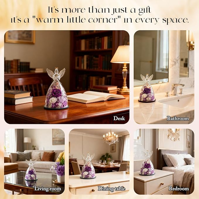 Christmas Roses Gifts for Mom,Preserved Real Flowers Roses in Glass Angel Figurines, for Grandma Women Mom Wife Mother in Law/Purple