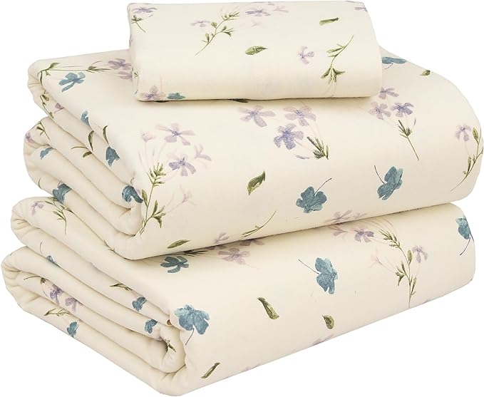 RUVANTI Flannel Sheets Twin Size - 100% Cotton Double Brushed Twin Sheets Set, Deep Pockets 16 Inches, All Seasons Breathable & Extra Soft Bed Sheets, Warm & Cozy, 3 Piece, Jasmine Stamp Cream