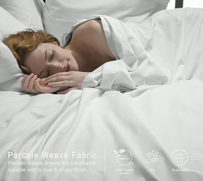 RUVANTI 100% Organic Cotton Sheets Queen Size, Percale Weave, GOTS Certified, 4-Piece Set, Deep Pocket 15", Crisp & Breathable, Soft Durable Bedding, Sábanas Algodón Orgánico – Bit of Blue