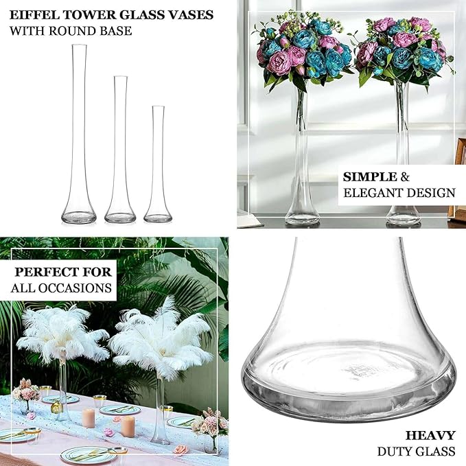 Efavormart 6 Pack Clear Heavy Duty Eiffel Tower Glass Vases with Round Base, Tall Skinny Flower Bud Vase Centerpieces - 24"