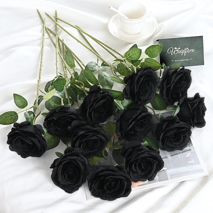 Waipfaru 8 Pcs Artificial Flowers Fake Silk Black Roses Bulk, Faux Real Touch Roses Bouquet with Long Stem for Wedding Party Home Decor (Black)