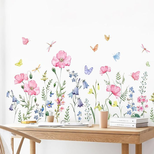 Supzone Watercolor Wildflower Wall Decals Colorful Garden Flower Grass Butterflies Wall Stickers for Girls Bedroom Living Room Home Office Wall Decor