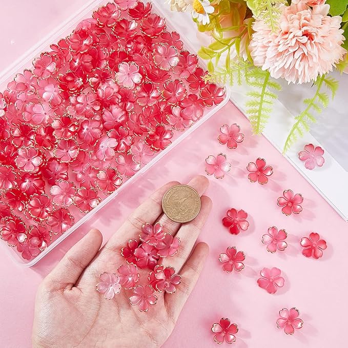 SUNNYCLUE 1 Box 200pcs Plastic Flower Bead Caps Acrylic Bead Caps Cerise Red Clear Gradient Spring Flowers Sakuras Spacer Bead Bulk for Jewelry Making Friendship Graduation Decorations DIY Crafts