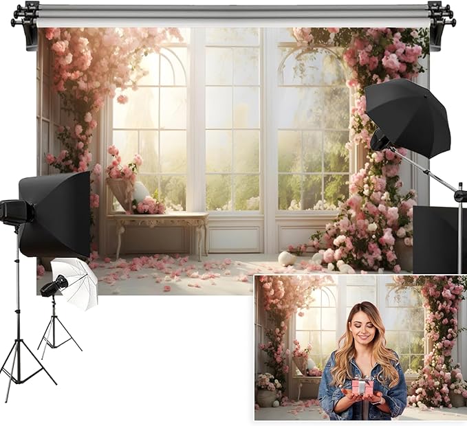 10x5ft Bridal Floral Backdrop for Wedding Pink Rose Window Scenery Green Leaves Elegant Photography Background for Valentine's Day Bridal Shower Birthday Spring Party Women Girls Portraits