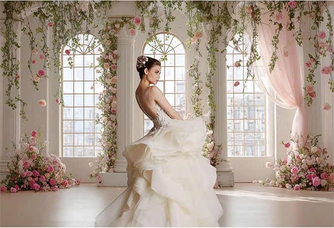 Baocicco Pink Palace Backdrops 10x6.5ft White and Pink Windowsills Botanical Background Princess Birthday Party Banner Supplies Wedding Ceremony Anniversary Engagement Banner Photo Booth Studio Prop