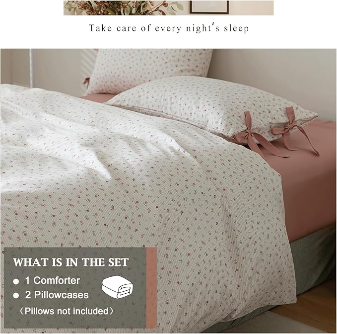 VM VOUGEMARKET Garden Flower Comforter Set Twin 3 Pcs Pink Stripes Bed Comforter with 2 Pillowcases for Teen Girls,Bed in a Bag Fluffy Cottagecore Comforter Set-68"x90"