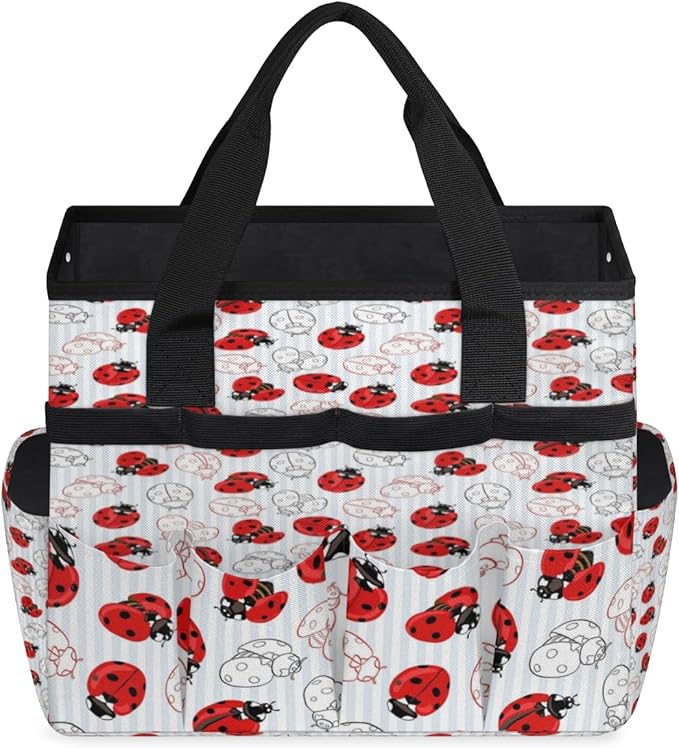 Ladybug Pattern Garden Tool Tote Bag for Women Men Gardening Tool Storage Bags with 10 Pockets Standable Garden Home Tool Kits Organizer for Indoor Outdoor Gardening Gifts