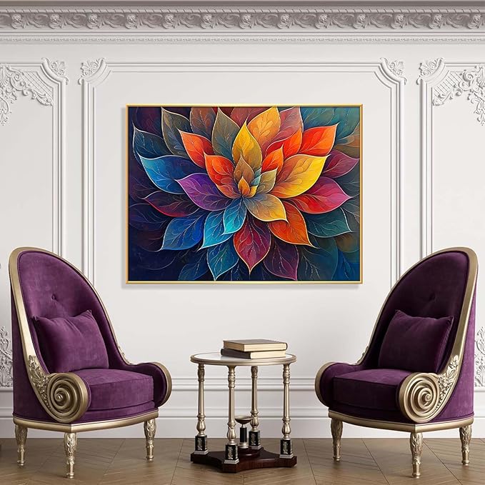 Agitowis Colorful Flower Canvas Wall Art, Abstract Floral Canvas Prints, Lotus Blossom Pictures Wall Decor, Zen Painting, Yoga Studio Wall Decor (Gold Framed, 39" Wx29 H/100x75cm)