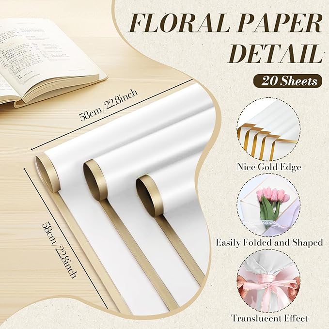Tuojecuk Flower Bouquet Wrapping Paper, 20 Sheet Waterproof Floral Bouquet Wrapping Paper, Florist Supplies Packaging Paper for Wedding Birthday Gift (White)