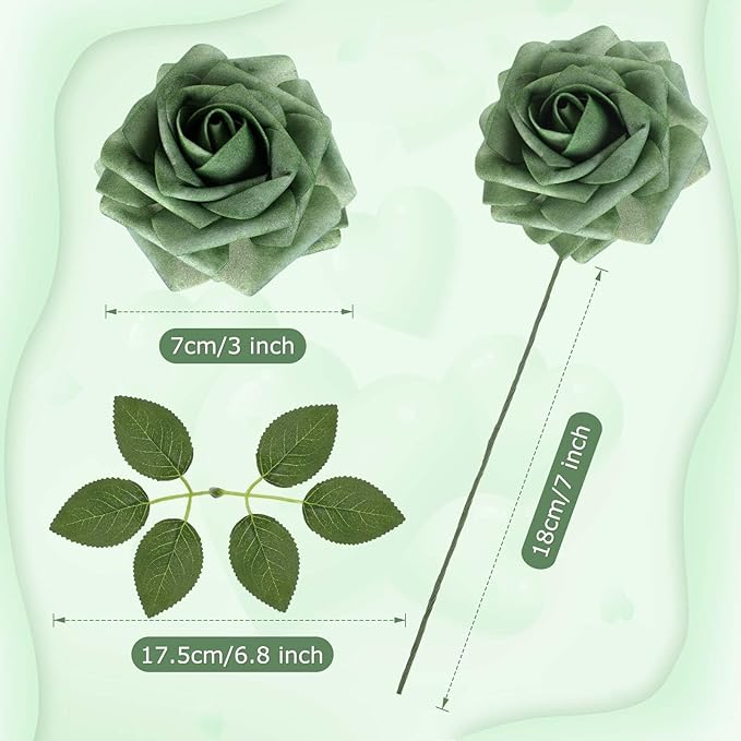 100 Pieces Artificial Foam Rose Flowers Faux Bouquet with Leaves and Stems for DIY Wedding Bouquets Centerpieces Bridal Shower Party Valentine Home Decorations(Elf Green)