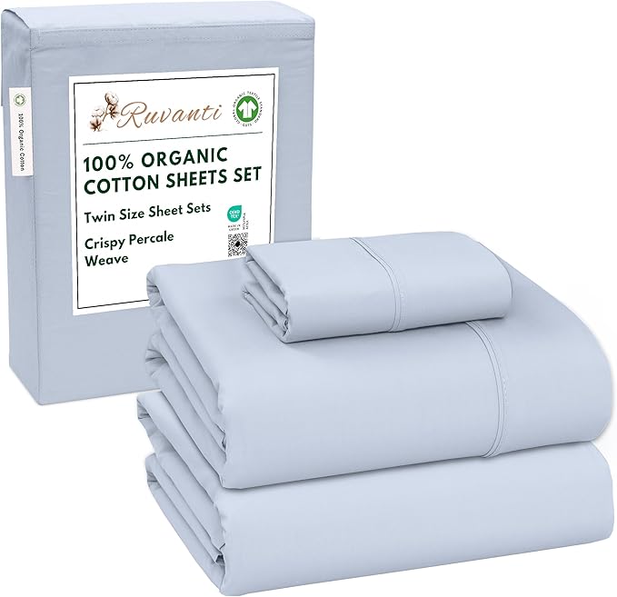 RUVANTI 100% Organic Cotton Sheets Twin Size, Percale Weave, GOTS Certified, 3-Piece Set, Deep Pocket 15", Crisp & Breathable, Soft Durable Bedding, Sábanas Algodón Orgánico – Arctic Ice