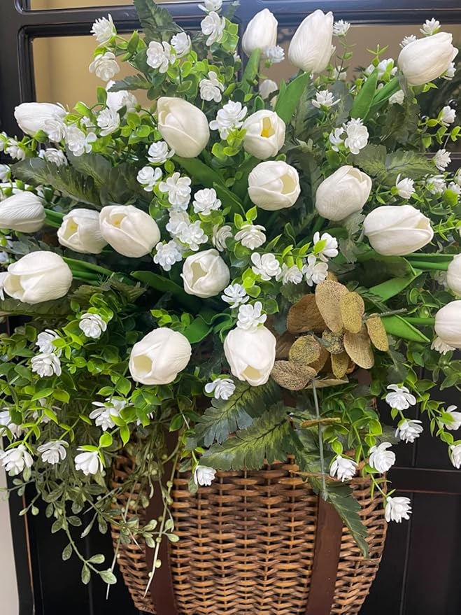 Tulips Artificial Flowers 20 Pcs White Fake Tulip Stems Real Touch PU Tulips for Easter Spring Wedding Bouquet Home Centerpiece Floral Arrangement Table Décor