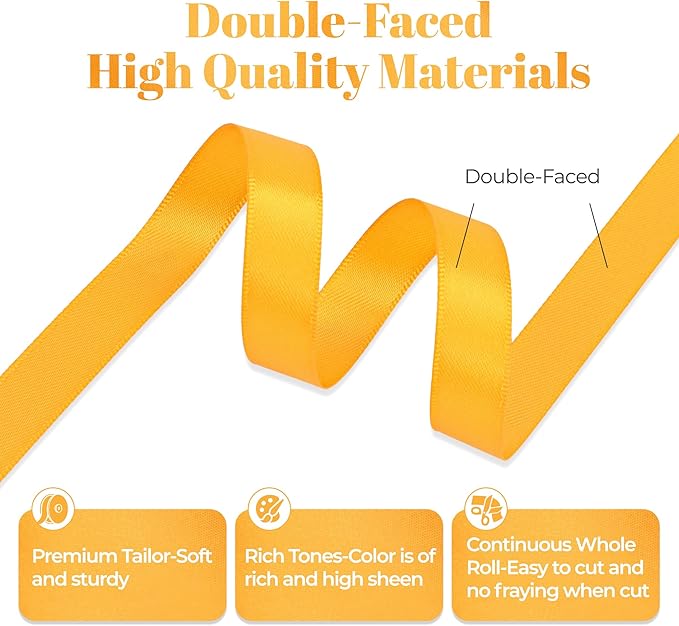 Double Faced Yellow Gold Satin Ribbon, 1/2 Inch X 25 Yards Polyester Ribbon for Gift Package Wrapping, Crafts, Bow Making, Sewing, Flower Bouquet, Wedding Party Decor