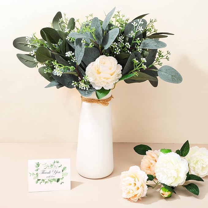 Janinka 60 Pcs Mixed Eucalyptus Leaves Stems Bulk Artificial Eucalyptus Leaves with White Seeds Artificial Silver Dollar Sprays Faux Oval for Floral Wreath Bouquets Wedding Greenery Decoration